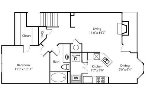 Floor plan for 1 bed, 1 bath, 822 sqft
